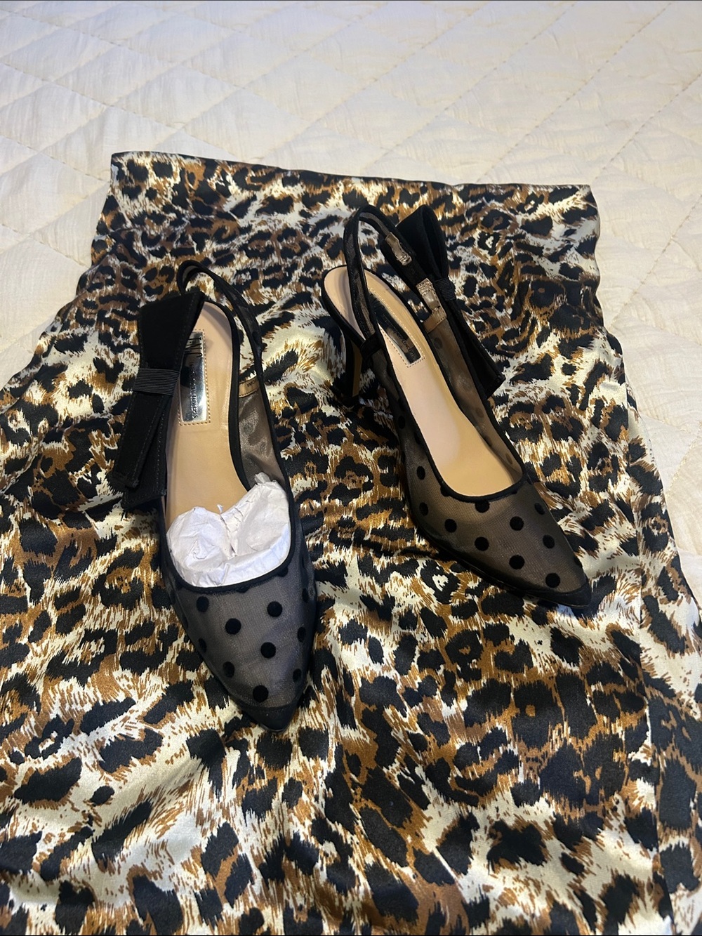 INC International Concepts Black Polka Dot Mesh Slingback Heels